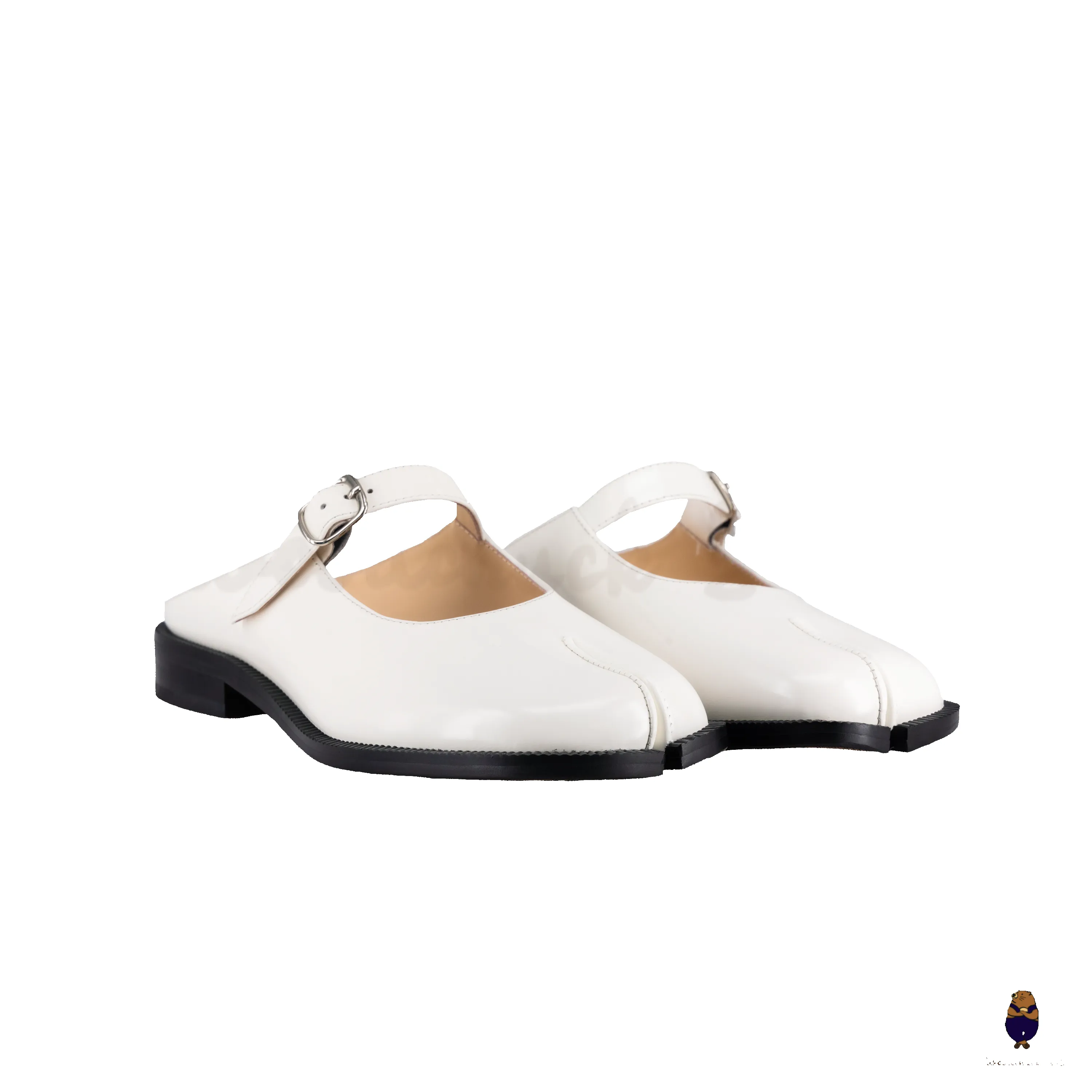 WoodchuckSato White Edge-Beaded Cowhide Leather Tabi Mary Jane Mules sold by WoodChuckSato