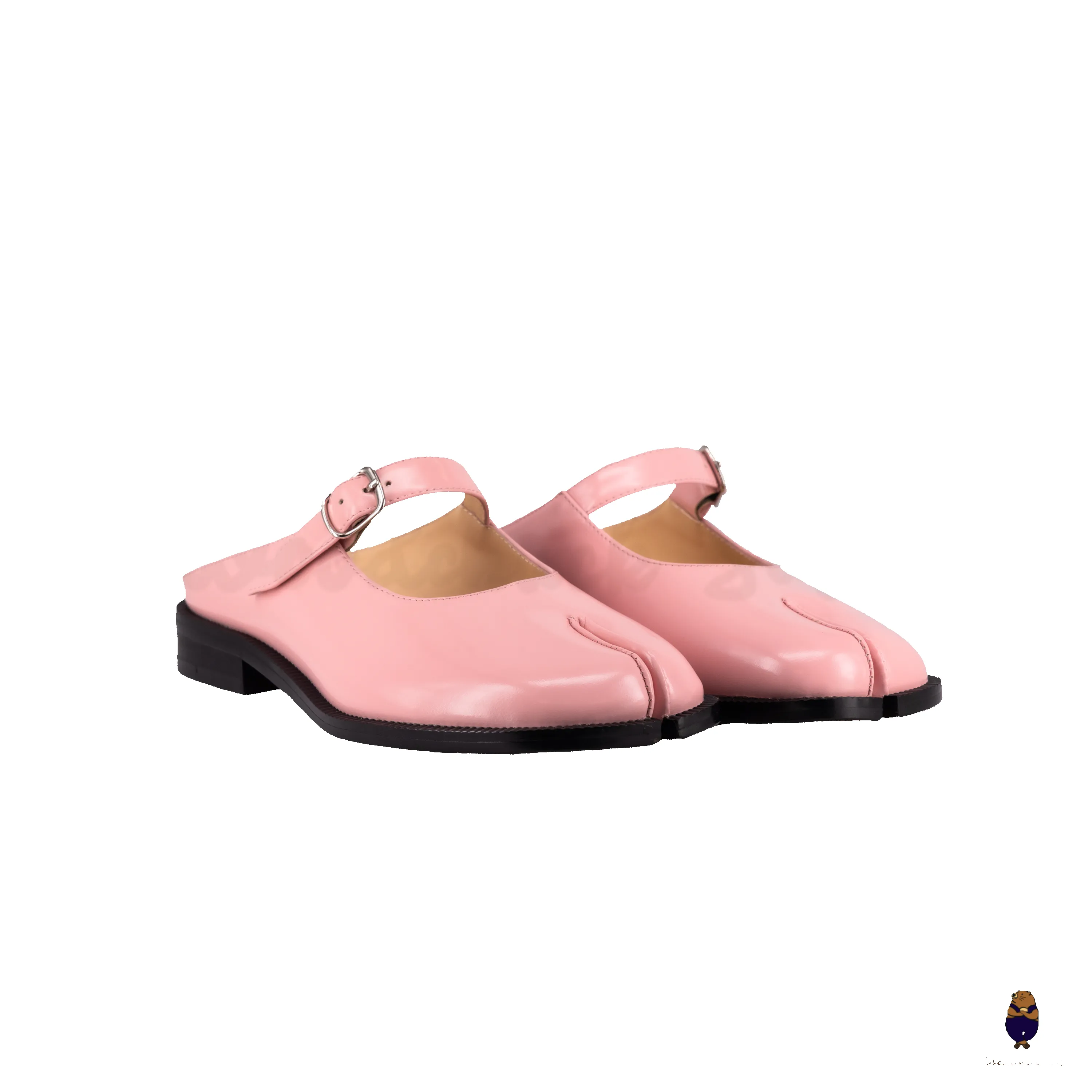 WoodchuckSato Pink Edge-Beaded Cowhide Leather Tabi Mary Jane Mules sold by WoodChuckSato