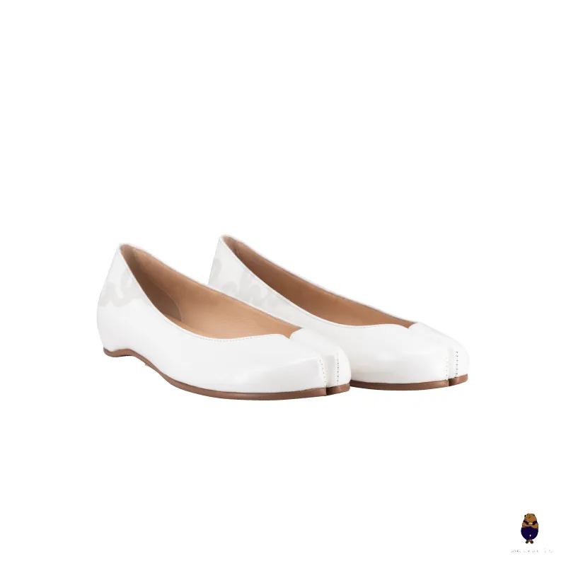 WoodchuckSato White Edge-Beaded Cowhide Leather Tabi Ballet Flats sold by WoodChuckSato