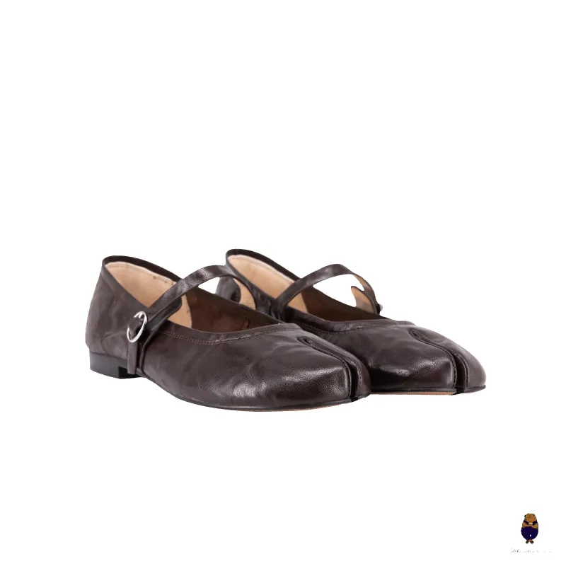 WoodchuckSato Vintage Brown Leather Tabi Mary Jane Flats sold by WoodChuckSato