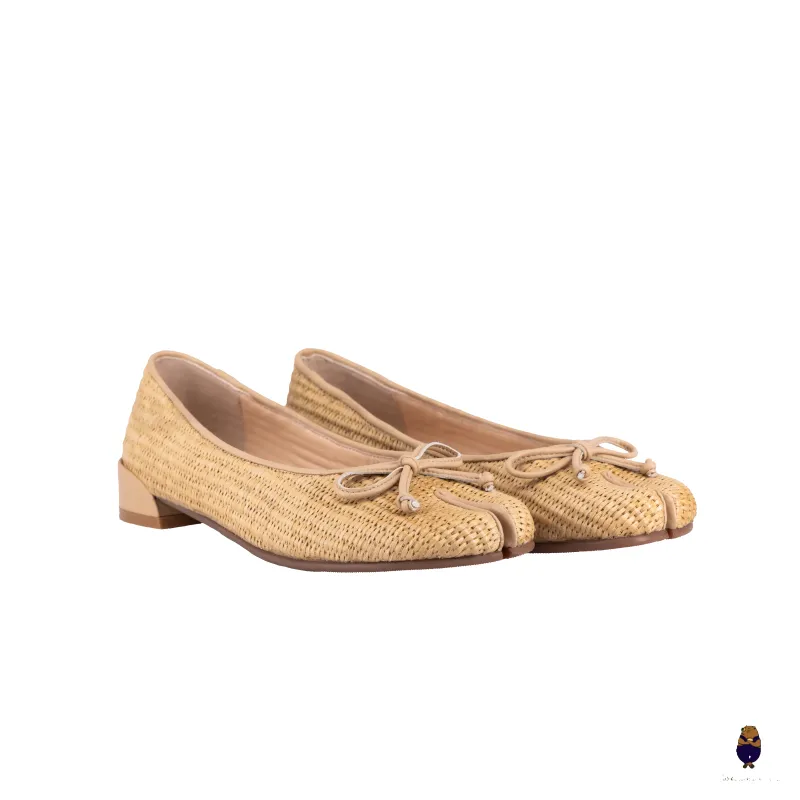 WoodchuckSato Nude PP Straw Woven Tabi Flats with Bow sold by WoodChuckSato