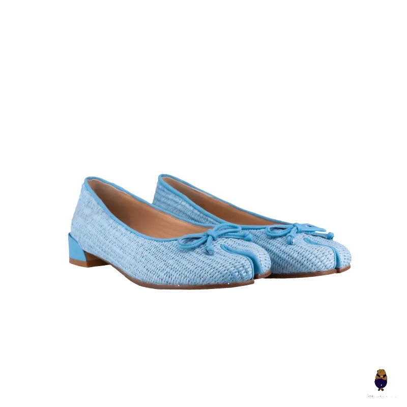 WoodchuckSato Sky Blue PP Straw Woven Tabi Flats with Bow sold by WoodChuckSato