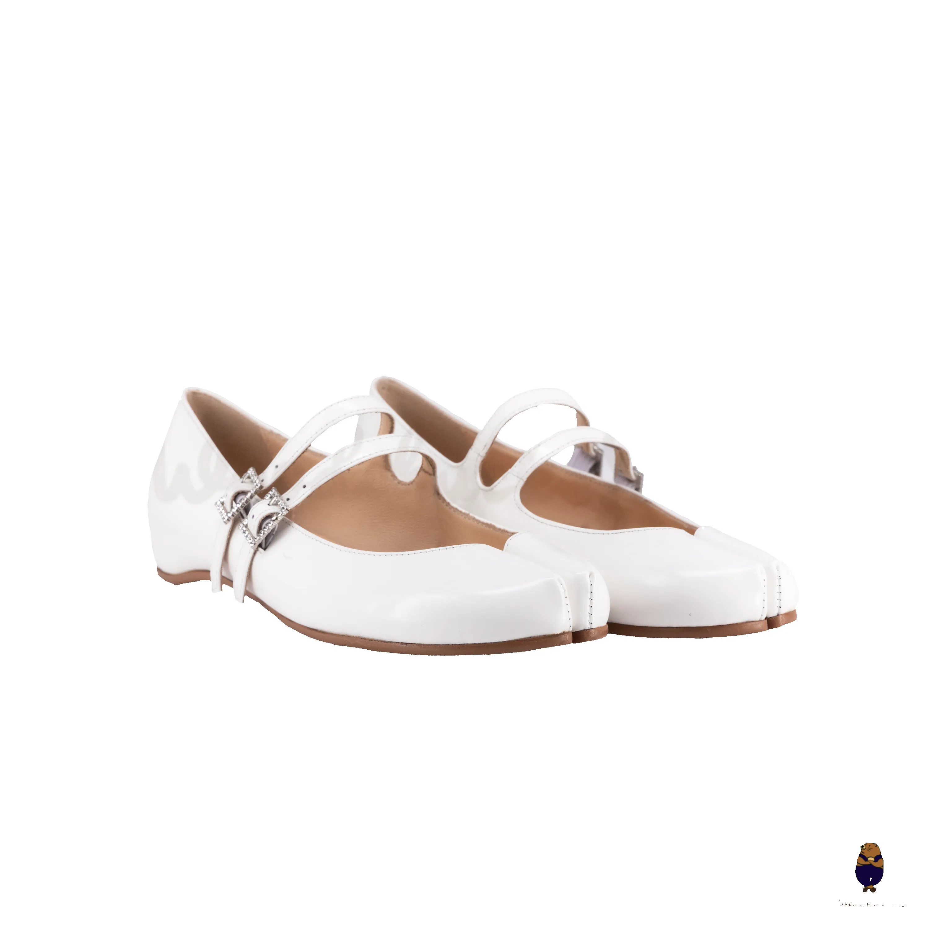 WoodchuckSato White Patent Cow Leather Tabi Mary Jane Flats with Double Strap and Crystal Buckle sold by WoodChuckSato