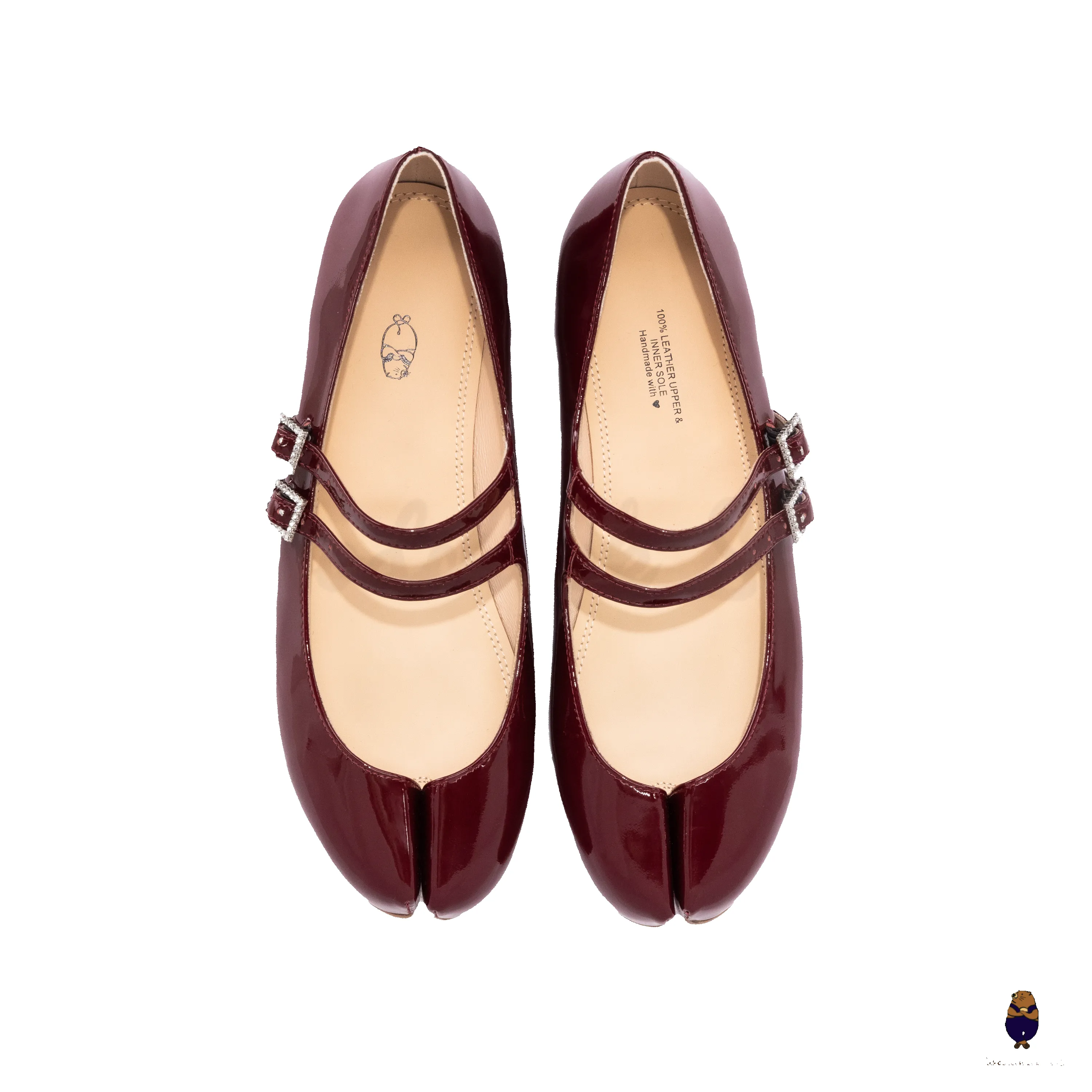 WoodchuckSato Burgundy Patent Cow Leather Tabi Mary Jane Flats with Double Strap and Crystal Buckle sold by WoodChuckSato product image thumbnail 5