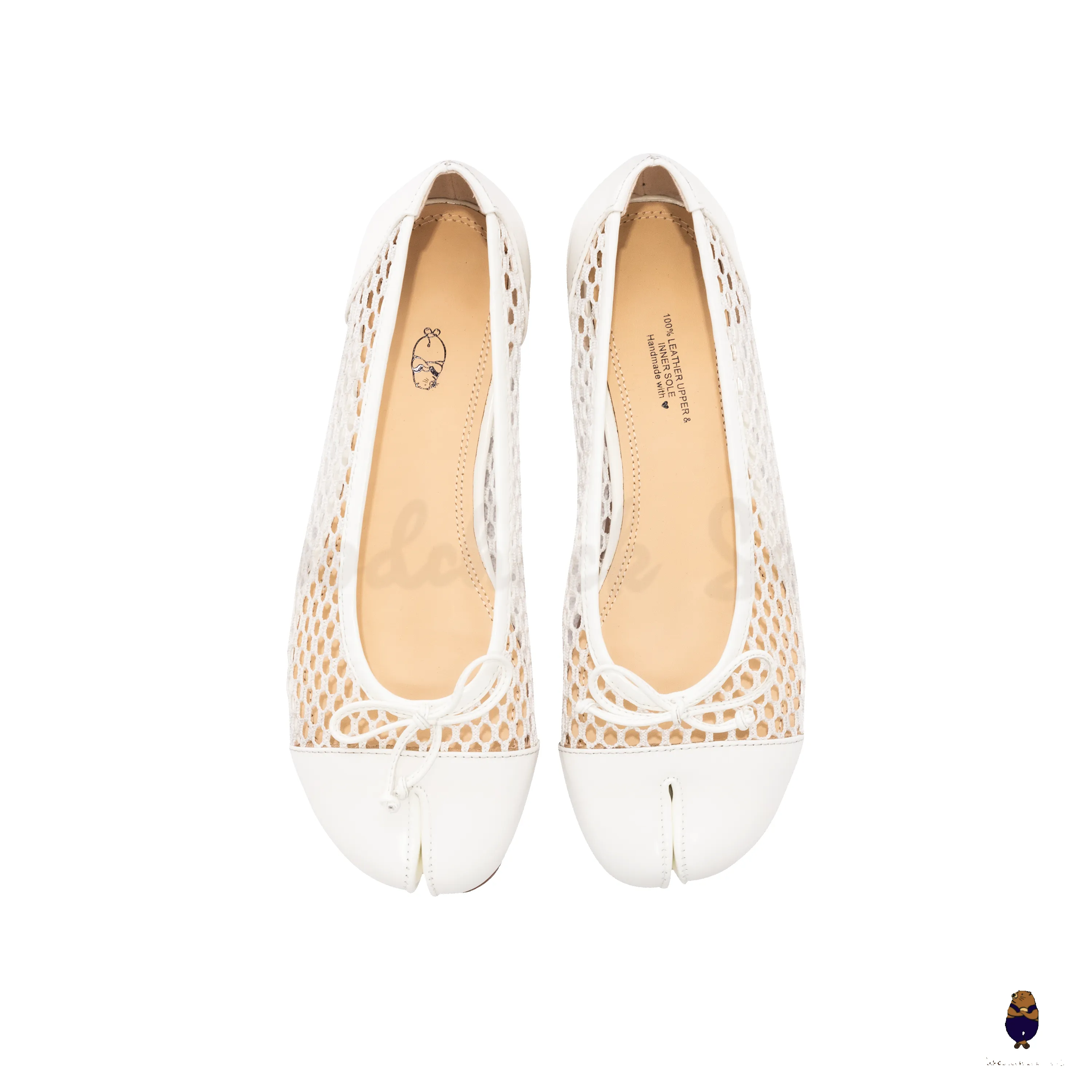 WoodchuckSato White Edge-Beaded Cowhide Leather and Nylon Mesh Tabi Flats with Bow sold by WoodChuckSato product image thumbnail 5