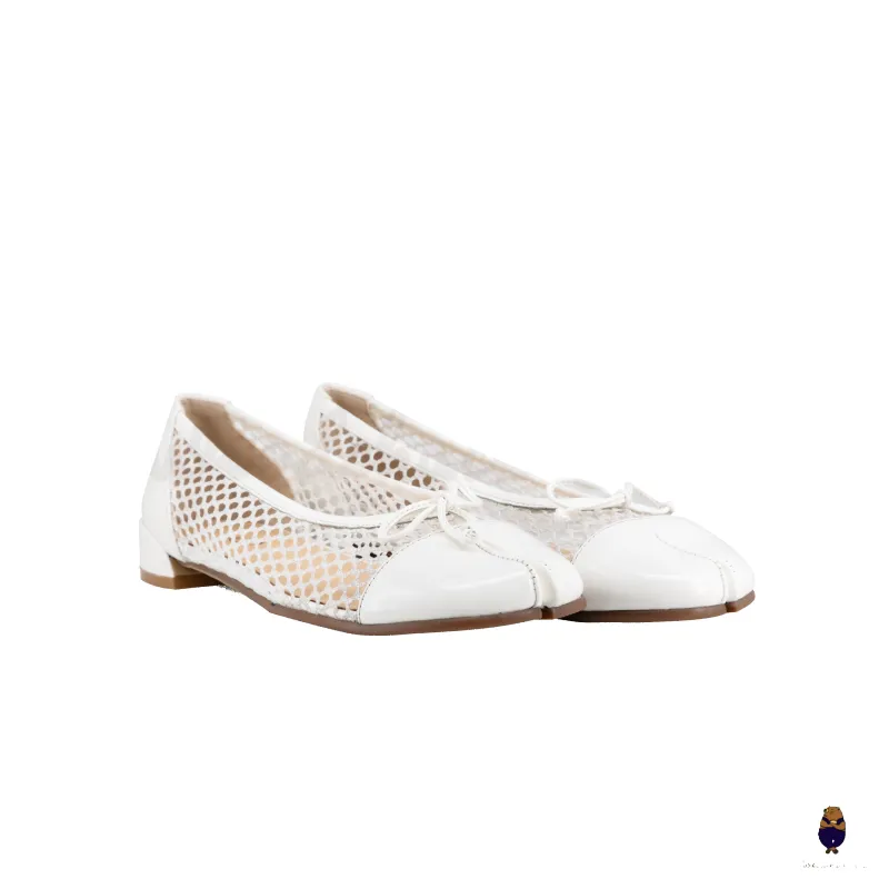 WoodchuckSato White Edge-Beaded Cowhide Leather and Nylon Mesh Tabi Flats with Bow sold by WoodChuckSato