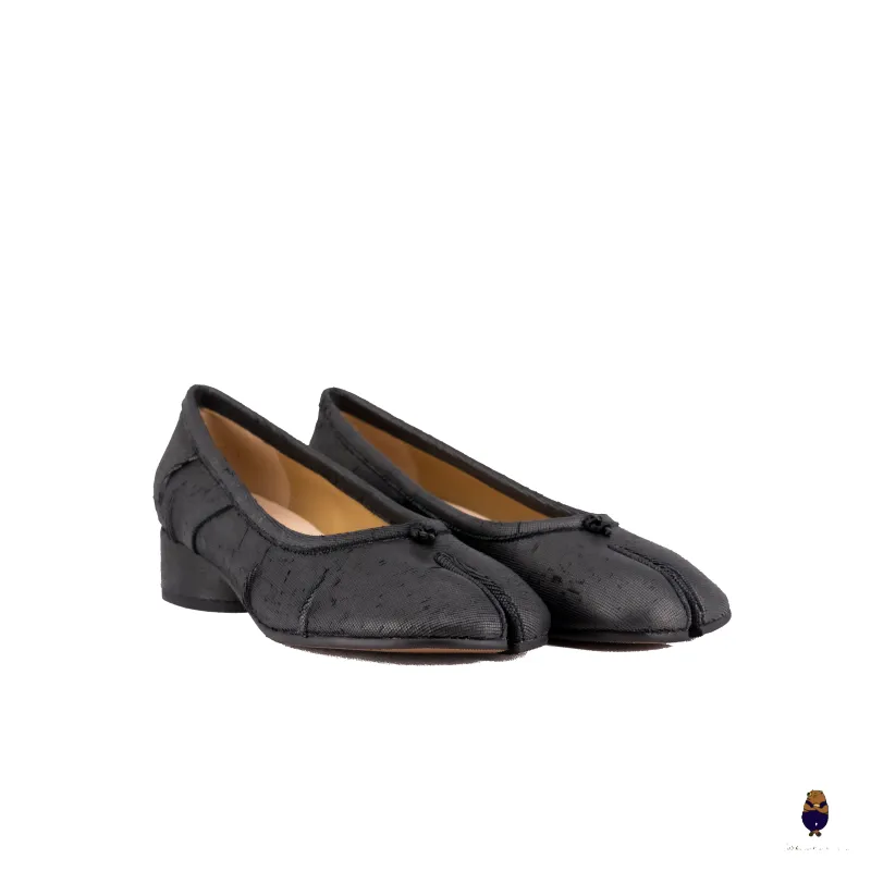 WoodChuckSato Black Tabi Split-Toe Knife-Cut Cowhide Mary Jane Shoes with 3cm Heel & Ruched sold by WoodChuckSato