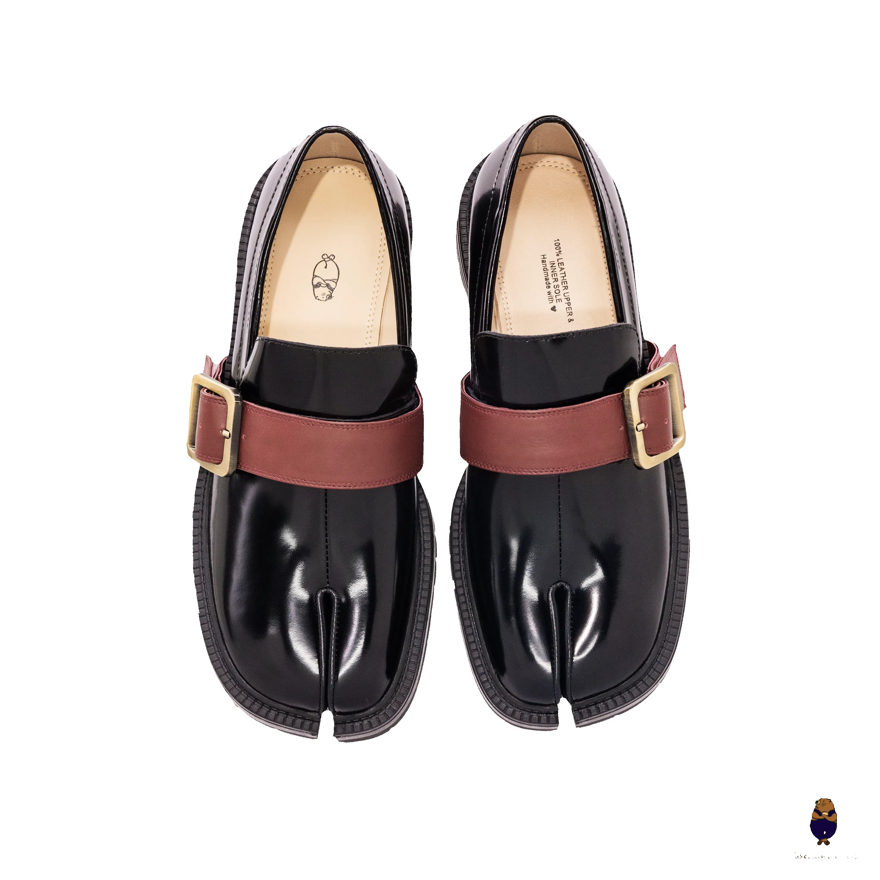 WoodchuckSato Black Edge-Beaded Cowhide Leather Tabi Loafers with Removable Red Strap & Chunky Sole sold by WoodChuckSato product image thumbnail 5