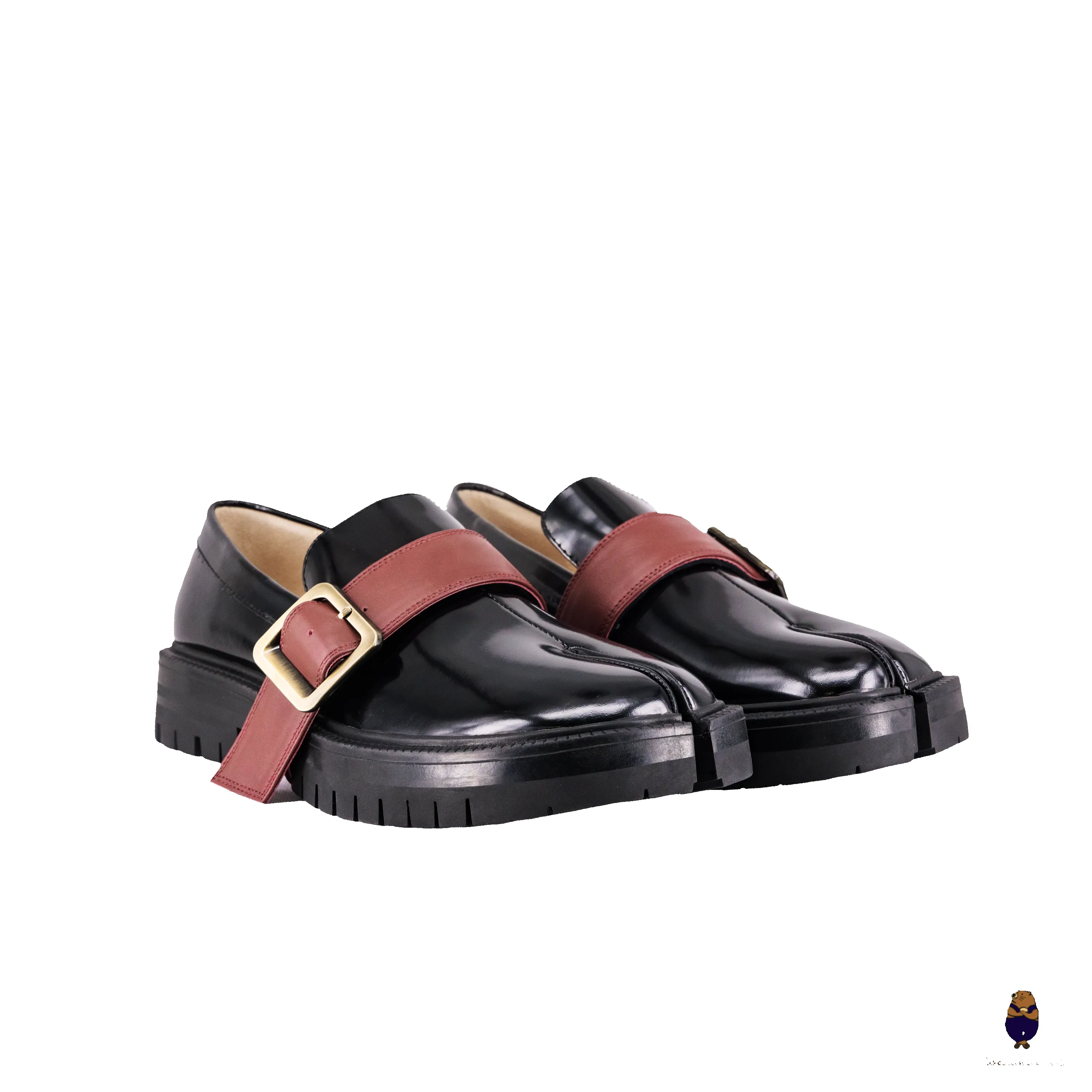 WoodchuckSato Black Edge-Beaded Cowhide Leather Tabi Loafers with Removable Red Strap & Chunky Sole sold by WoodChuckSato