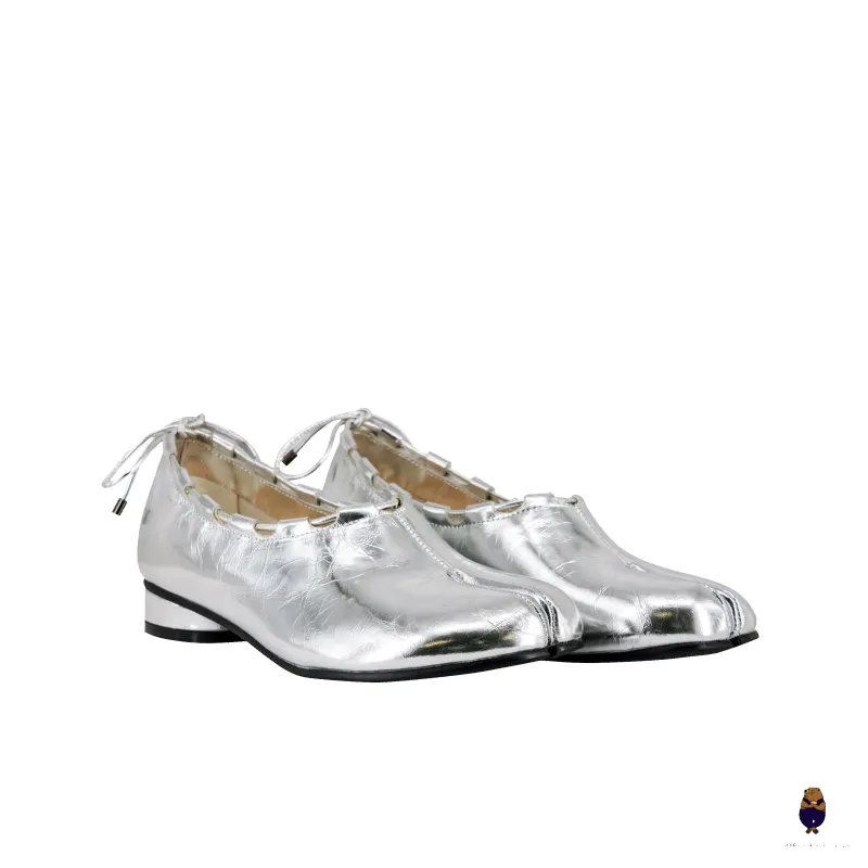 WoodchuckSato Silver Leather Tabi Heeled Flats with Black Rope Trim Sizes sold by WoodChuckSato