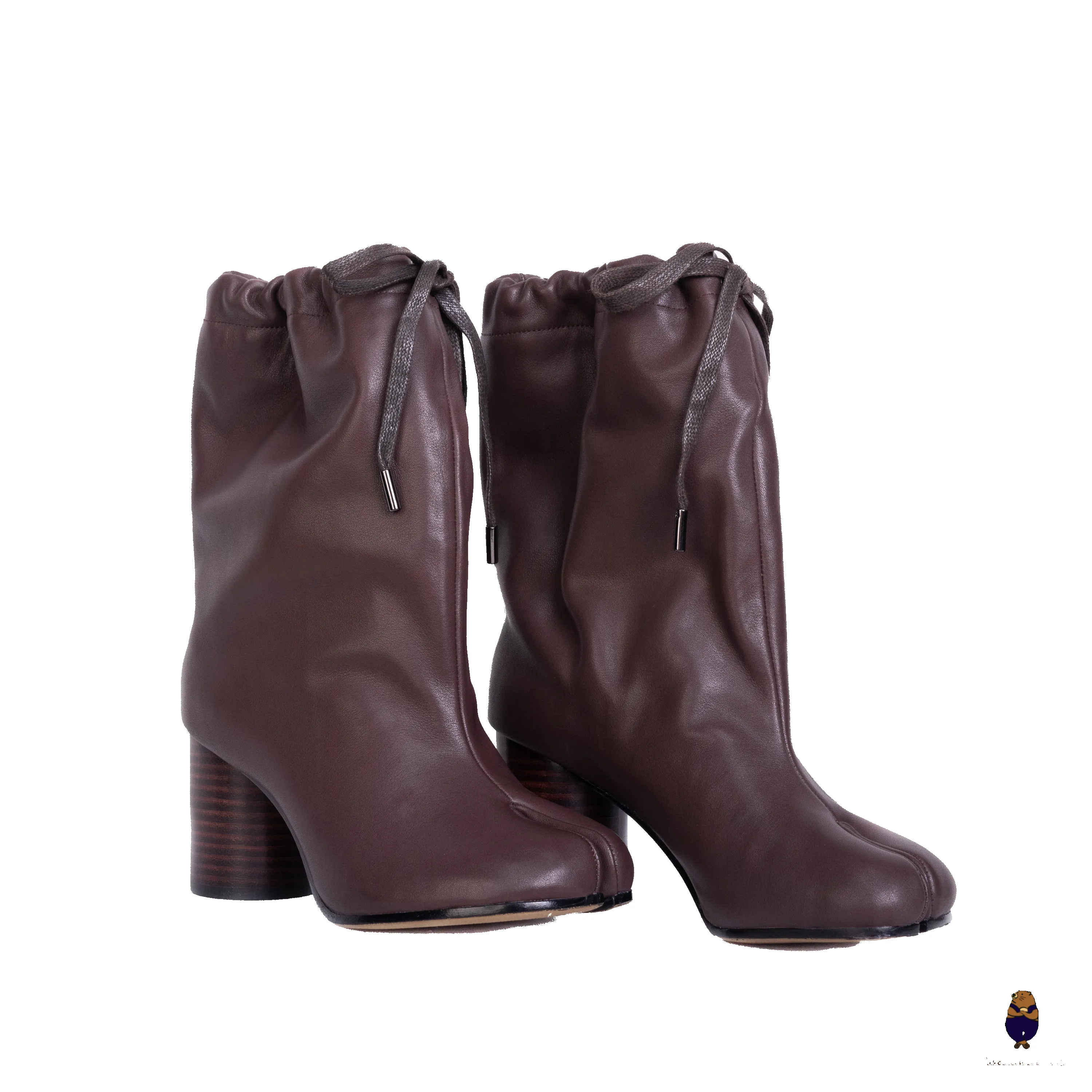 WoodchuckSato Mocha Brown Cow Leather Drawstring Tabi Ankle Boots with 8 cm Heel sold by WoodChuckSato
