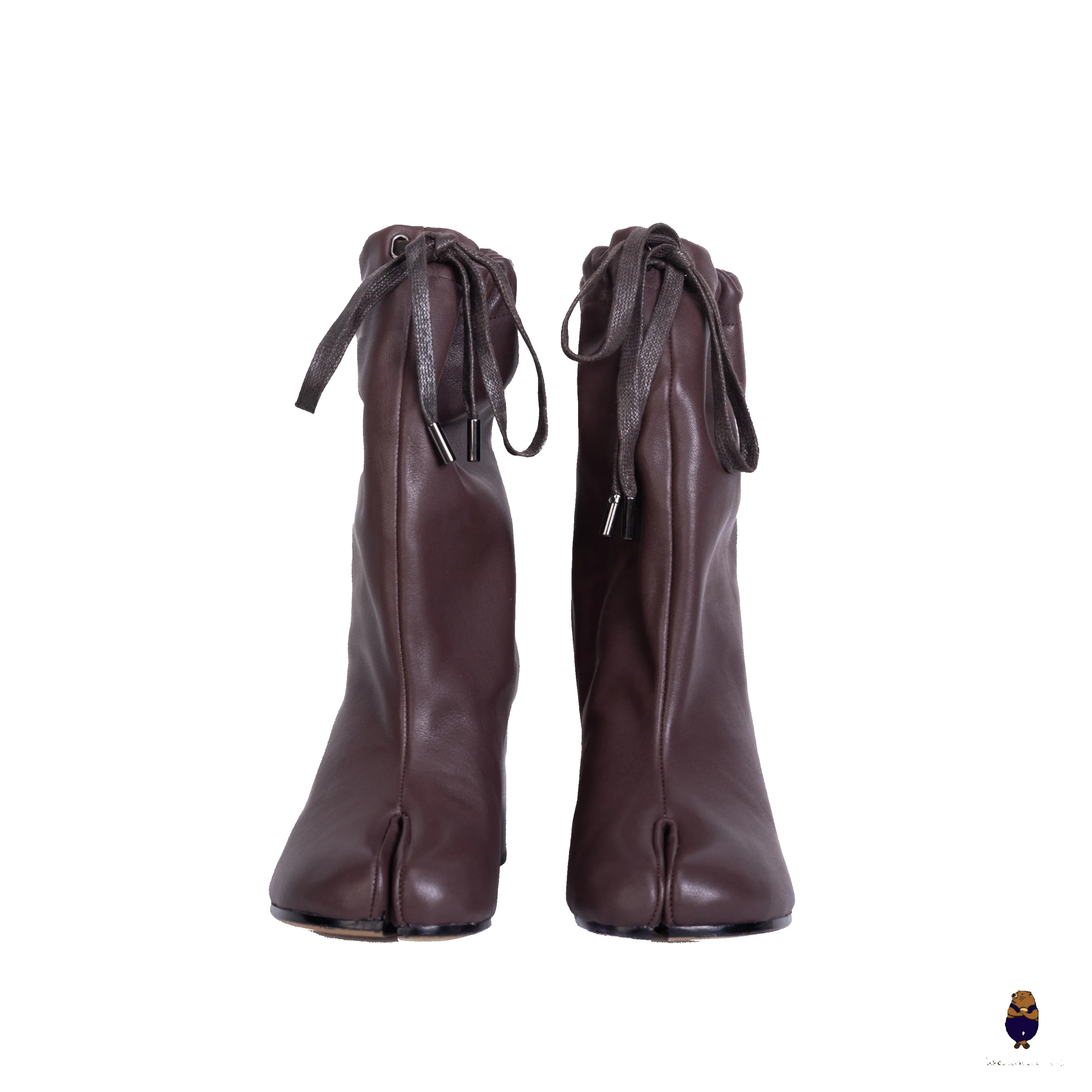 WoodchuckSato Mocha Brown Cow Leather Drawstring Tabi Ankle Boots with 8 cm Heel sold by WoodChuckSato product image thumbnail 5