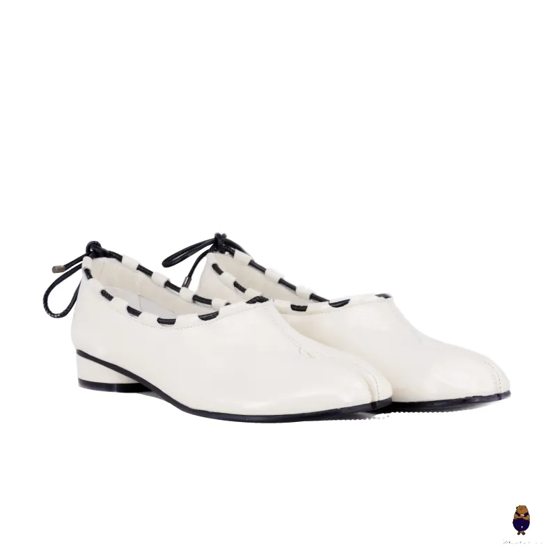 WoodchuckSato Ivory white Leather Tabi Mary Jane Heels with Black Rope Trim sold by WoodChuckSato