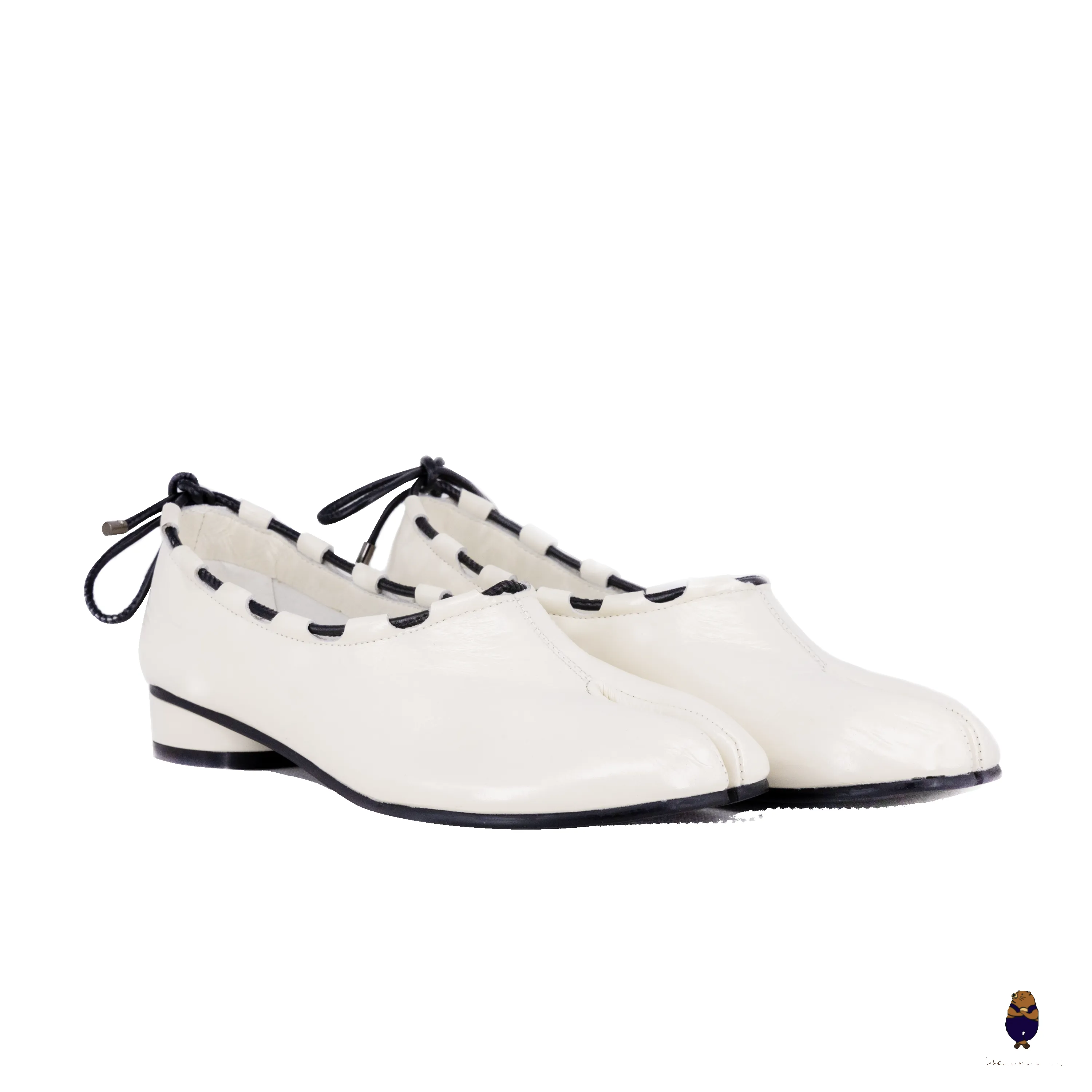 WoodchuckSato Ivory white Leather Tabi Mary Jane Heels with Black Rope Trim sold by WoodChuckSato