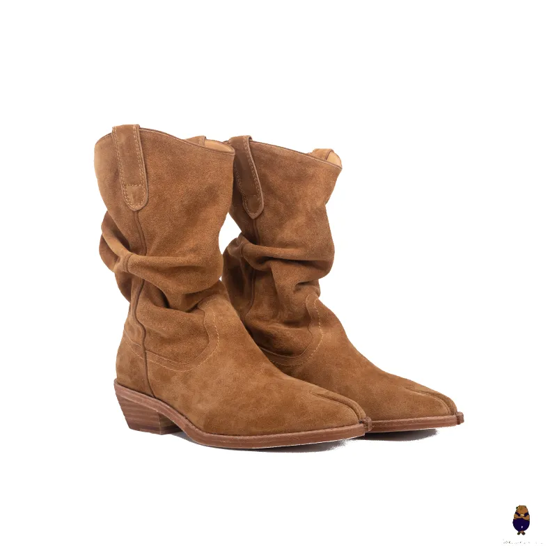 WoodchuckSato Brown Cow Suede Slouchy Western Boots with Low Heel sold by WoodChuckSato