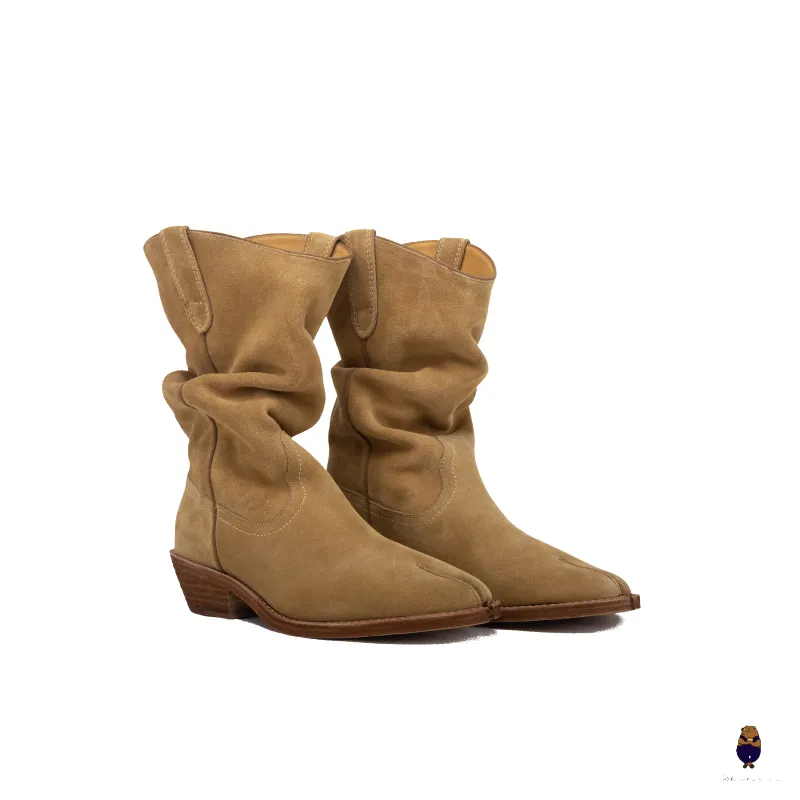 WoodchuckSato Tan Cow Suede Slouchy Western Boots with Low Heel sold by WoodChuckSato