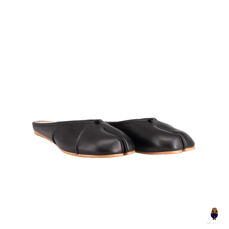 WoodchuckSato Black Leather Tabi Mules with Ruched sold by WoodChuckSato