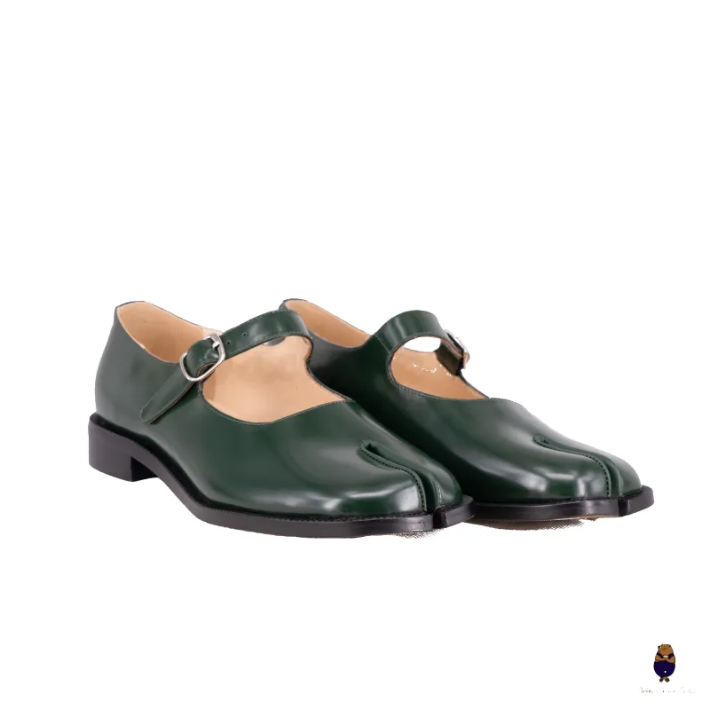 WoodchuckSato Forest Green Edge-Beaded Cowhide Leather Tabi Mary Jane Shoes sold by WoodChuckSato