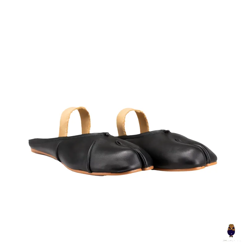 WoodchuckSato Black Fold Leather Tabi Mules with Beige Elastic Strap sold by WoodChuckSato