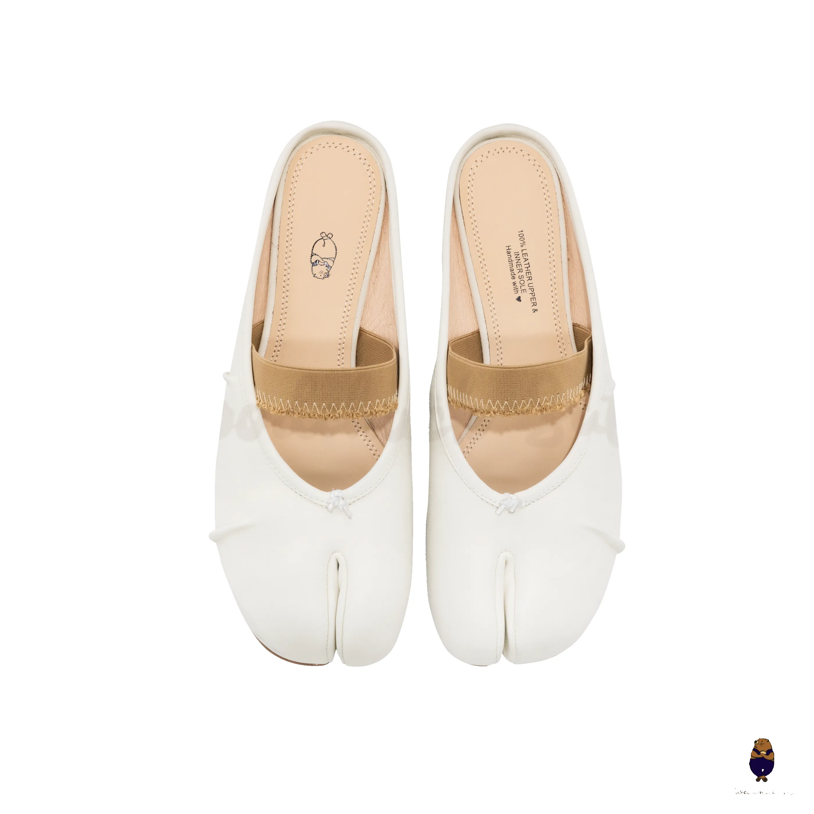 WoodchuckSato White Fold Leather Tabi Mules with Beige Elastic Strap sold by WoodChuckSato product image thumbnail 5