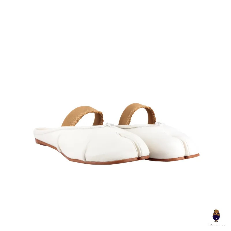 WoodchuckSato White Fold Leather Tabi Mules with Beige Elastic Strap sold by WoodChuckSato