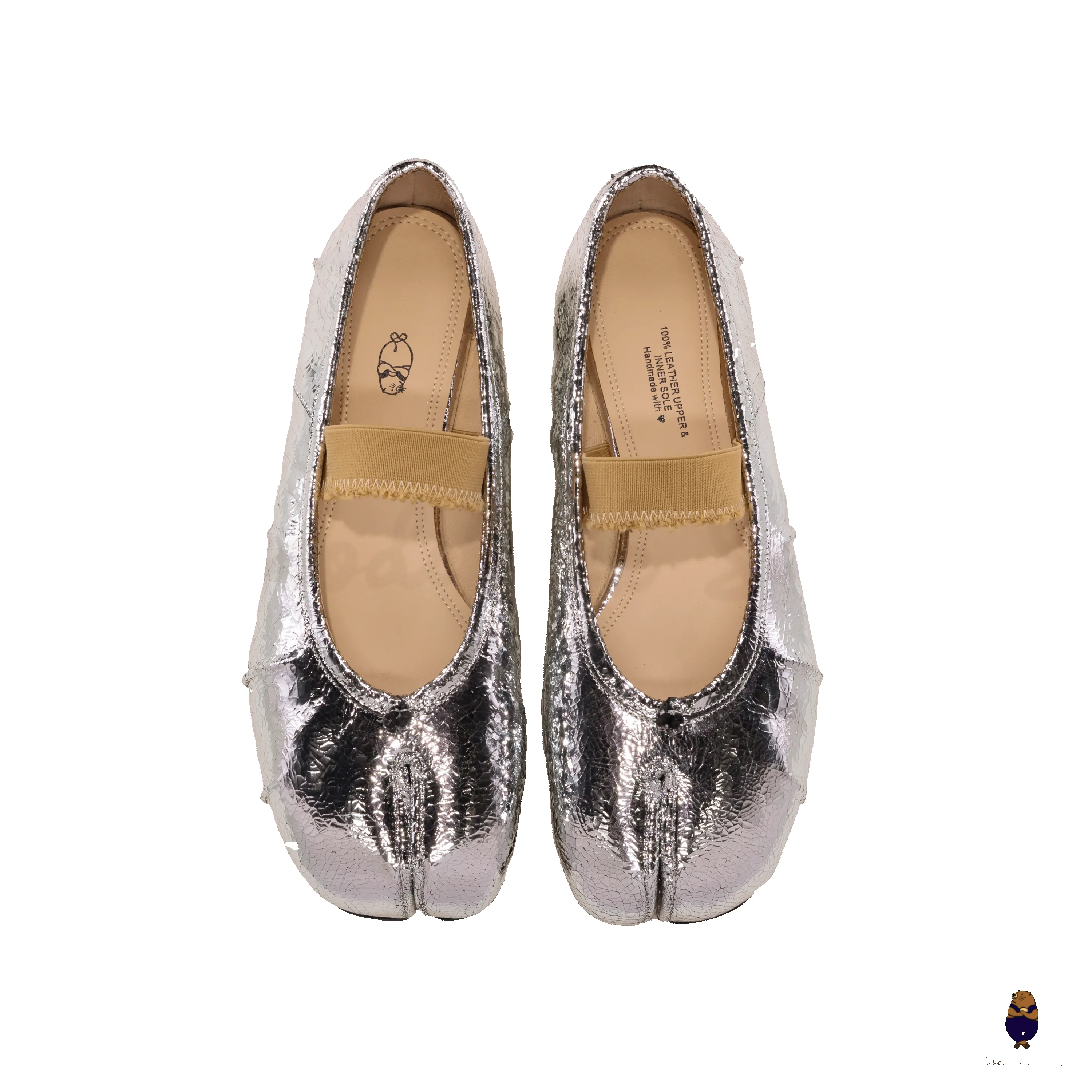 WoodchuckSato Silver Cracked Fold Leather Tabi Mules With Beige Elastic Strap sold by WoodChuckSato product image thumbnail 5