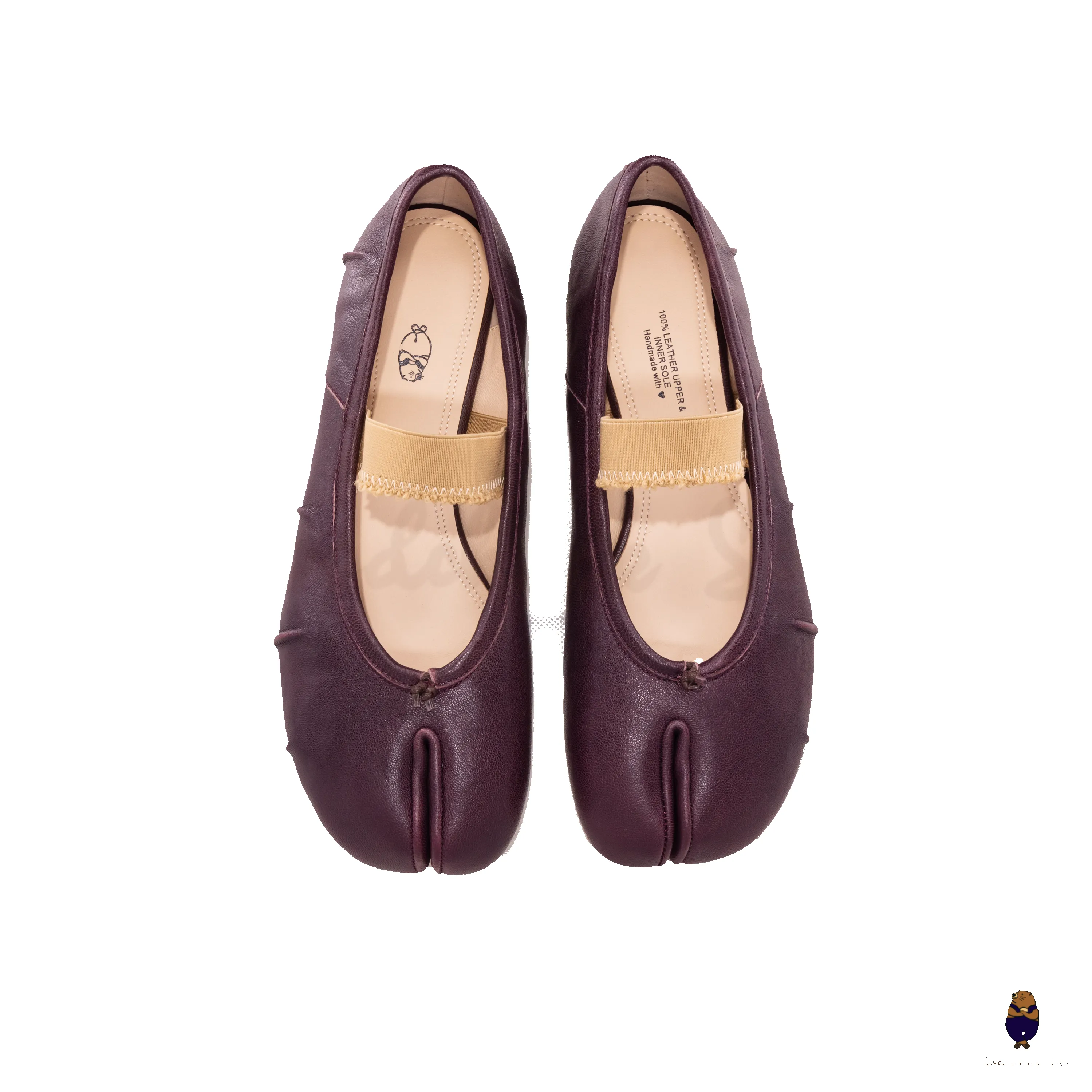 WoodchuckSato Burgundy Fold Leather Tabi Flats with Beige Elastic Strap sold by WoodChuckSato product image thumbnail 5