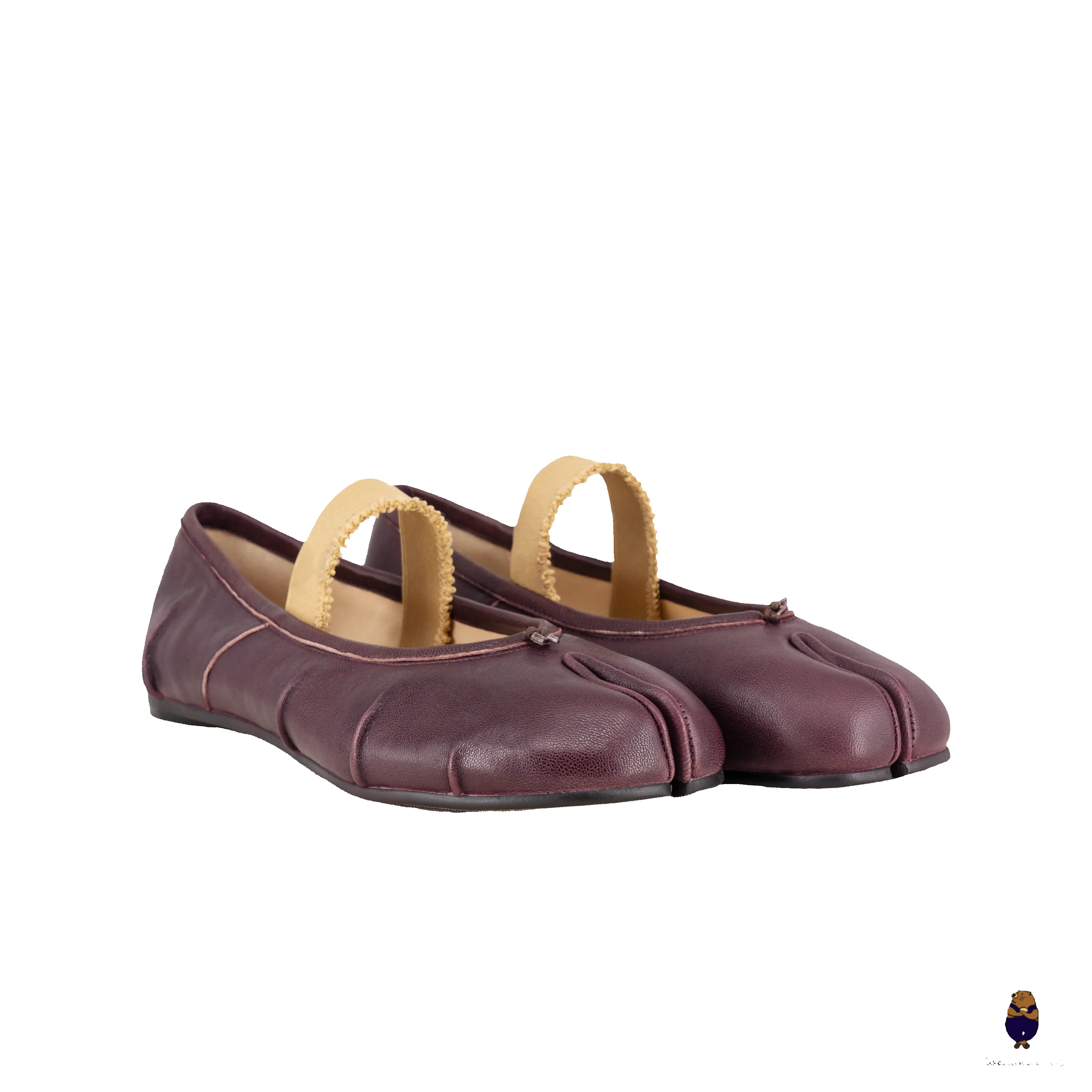 WoodchuckSato Burgundy Fold Leather Tabi Flats with Beige Elastic Strap sold by WoodChuckSato