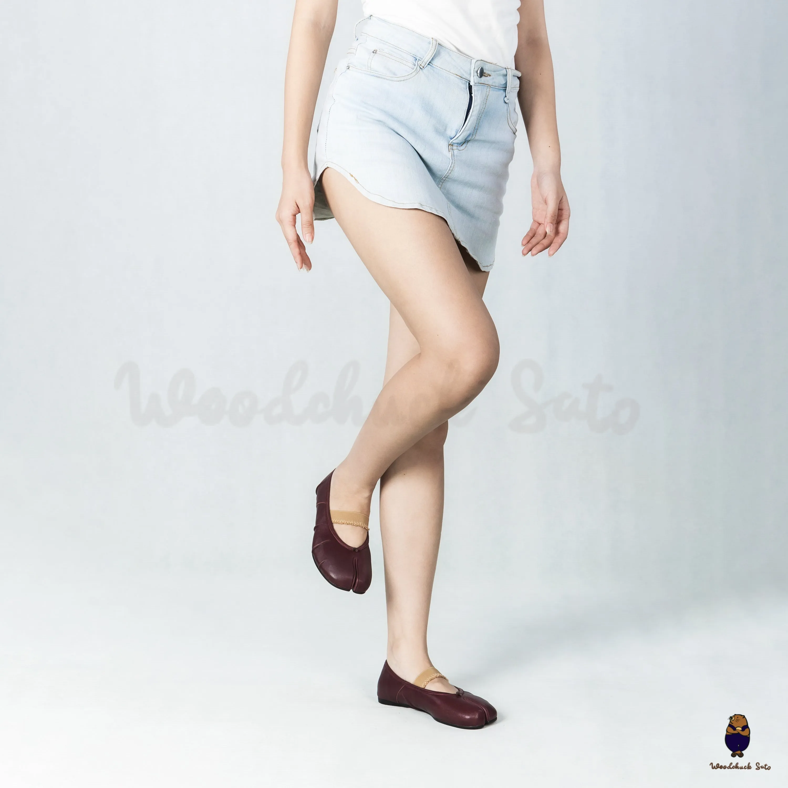 WoodchuckSato Burgundy Fold Leather Tabi Flats with Beige Elastic Strap sold by WoodChuckSato product image thumbnail 4