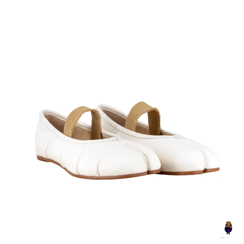 WoodchuckSato White Leather Tabi Flats with Ruched and Beige Elastic Strap sold by WoodChuckSato