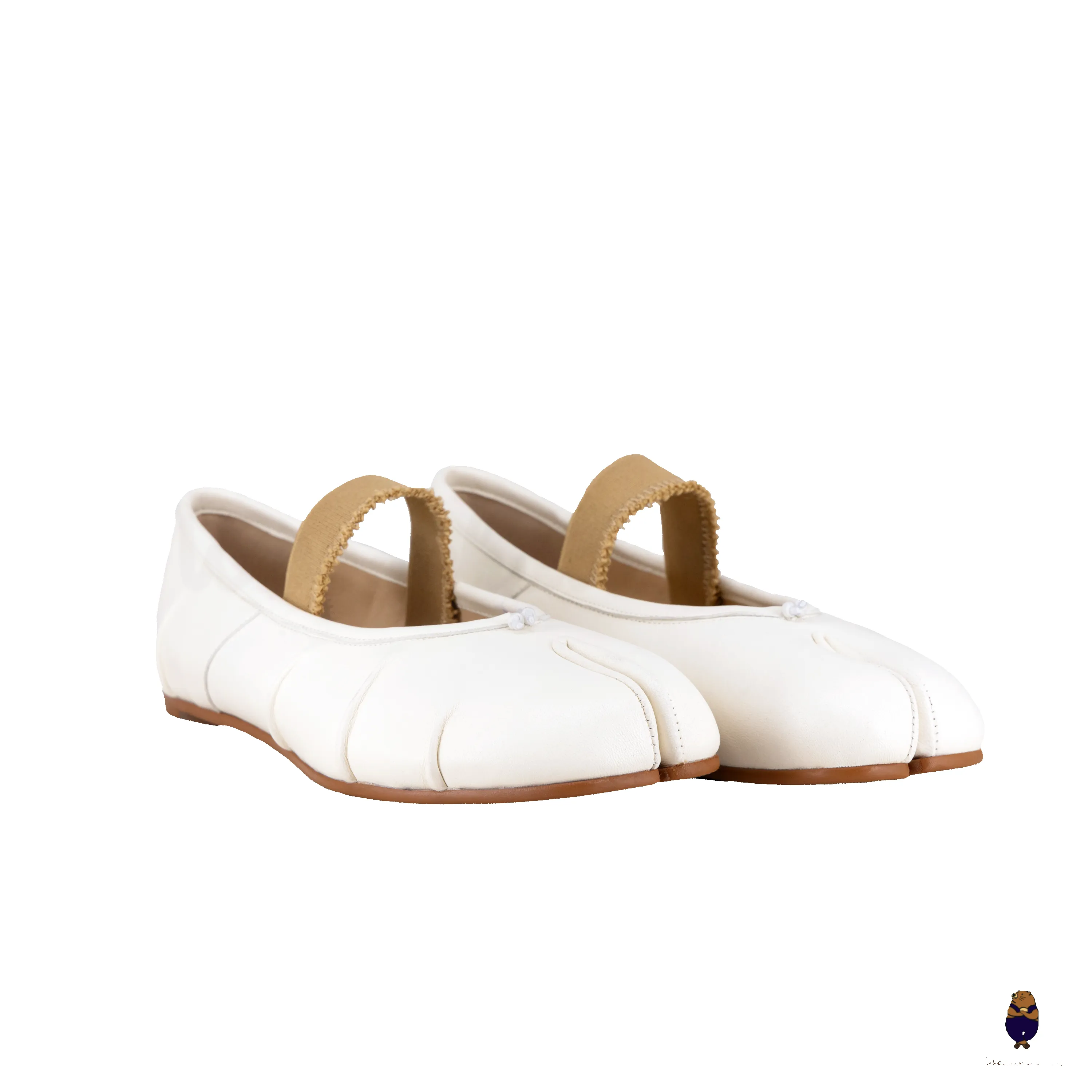 WoodchuckSato White Fold Leather Tabi Flats with Beige Elastic Strap sold by WoodChuckSato