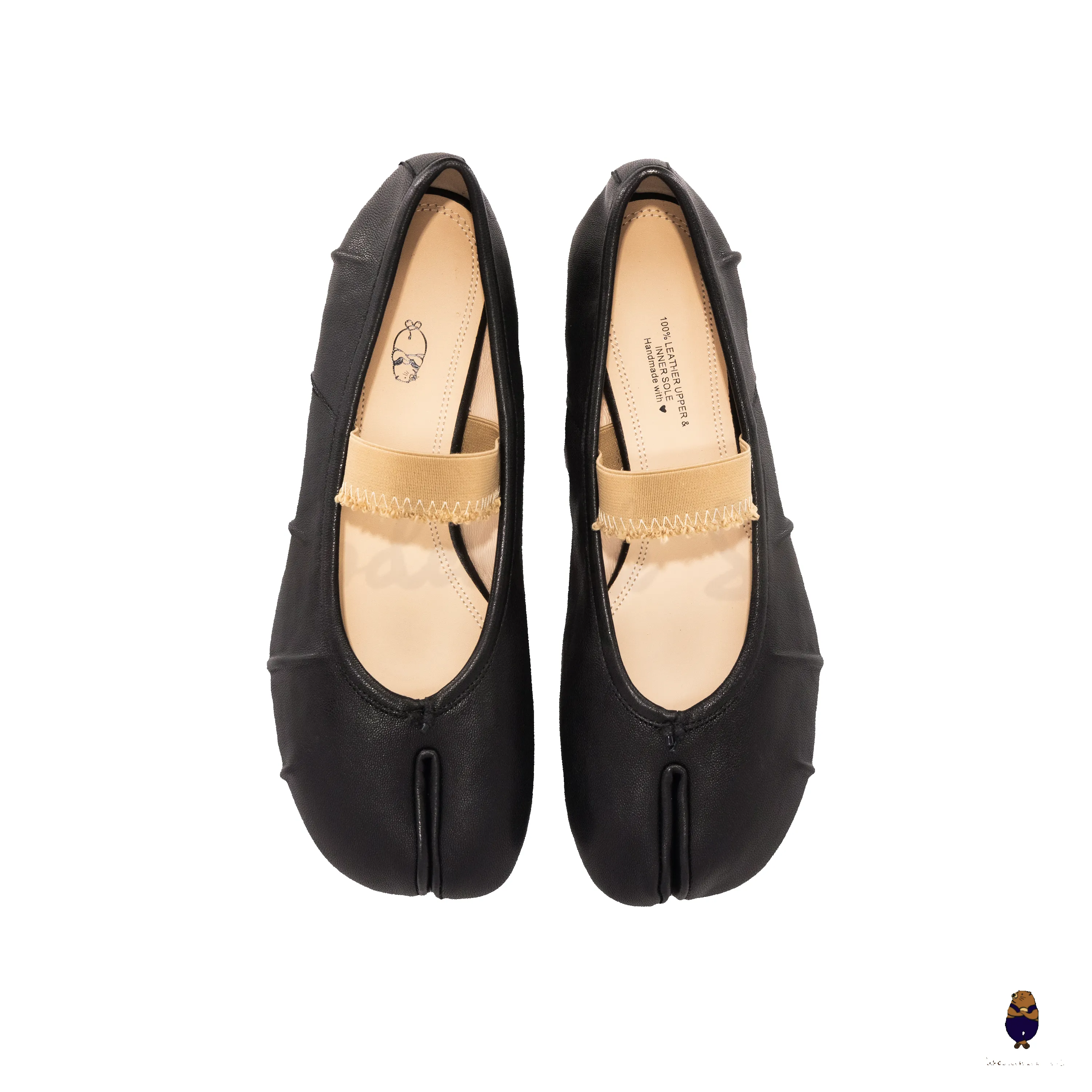 WoodchuckSato Black Fold Leather Tabi Ballet Flats with Beige Elastic Strap sold by WoodChuckSato product image thumbnail 5