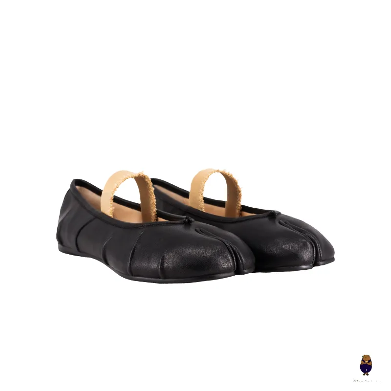 WoodchuckSato Black Leather Tabi Ballet Flats with Beige Elastic Strap & Ruched sold by WoodChuckSato