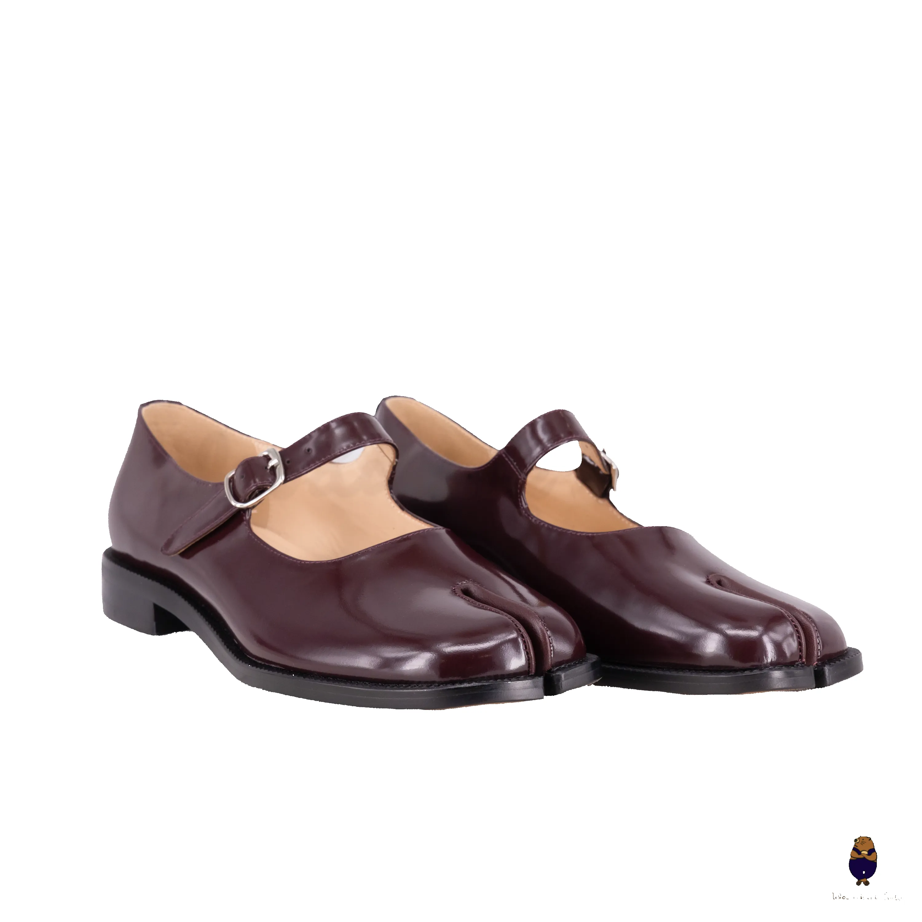 WoodchuckSato Burgundy Edge-Beaded Cowhide Leather Tabi Mary Jane Shoes sold by WoodChuckSato