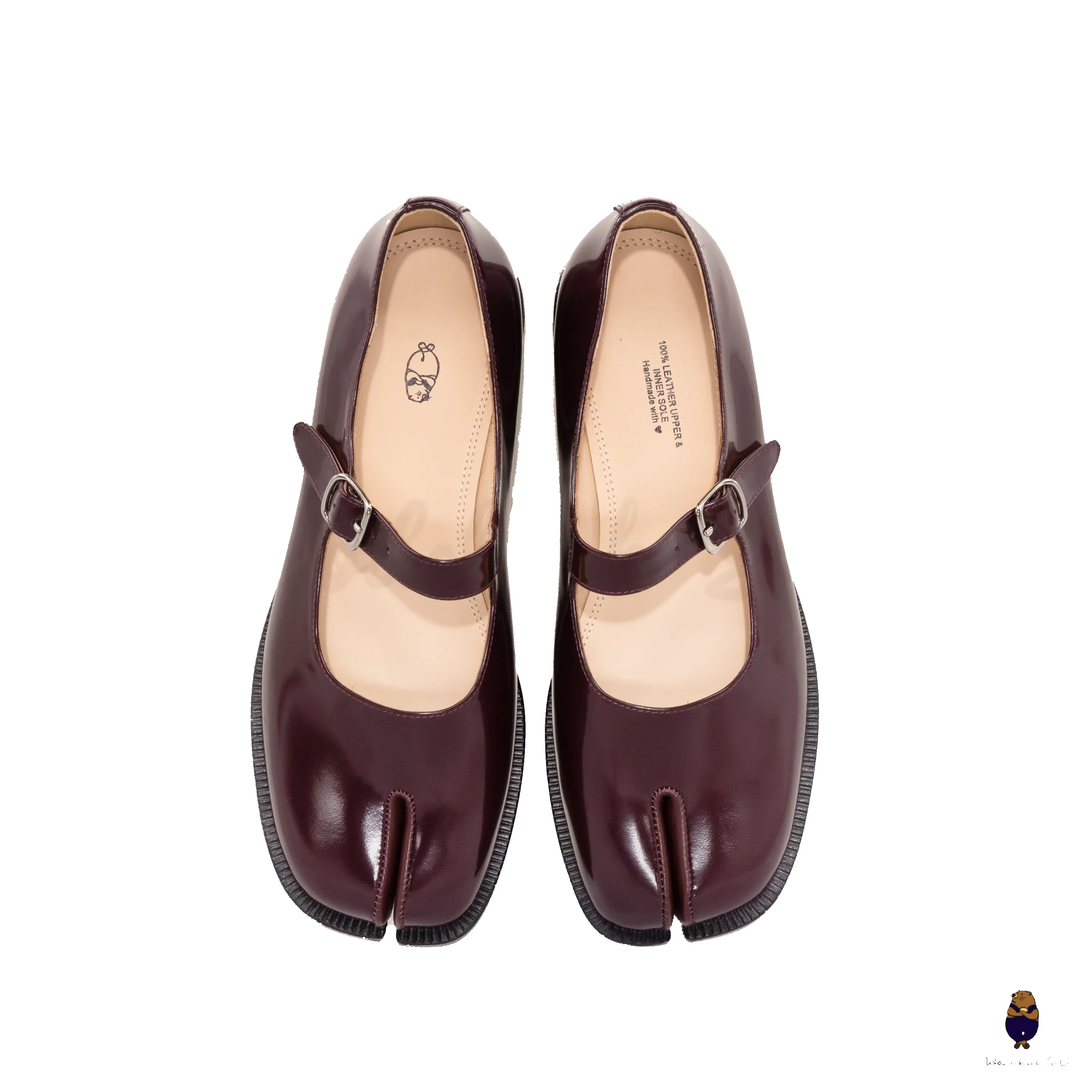 WoodchuckSato Burgundy Edge-Beaded Cowhide Leather Tabi Mary Jane Shoes sold by WoodChuckSato product image thumbnail 4