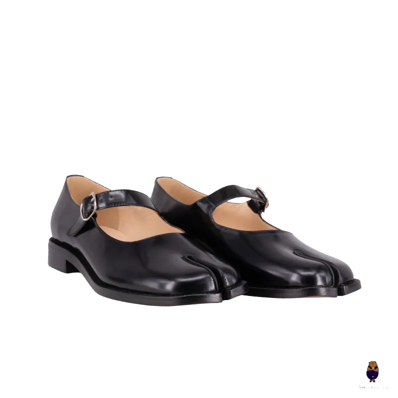 WoodchuckSato Black Edge-Beaded Cowhide Leather Tabi Mary Jane Shoes sold by WoodChuckSato