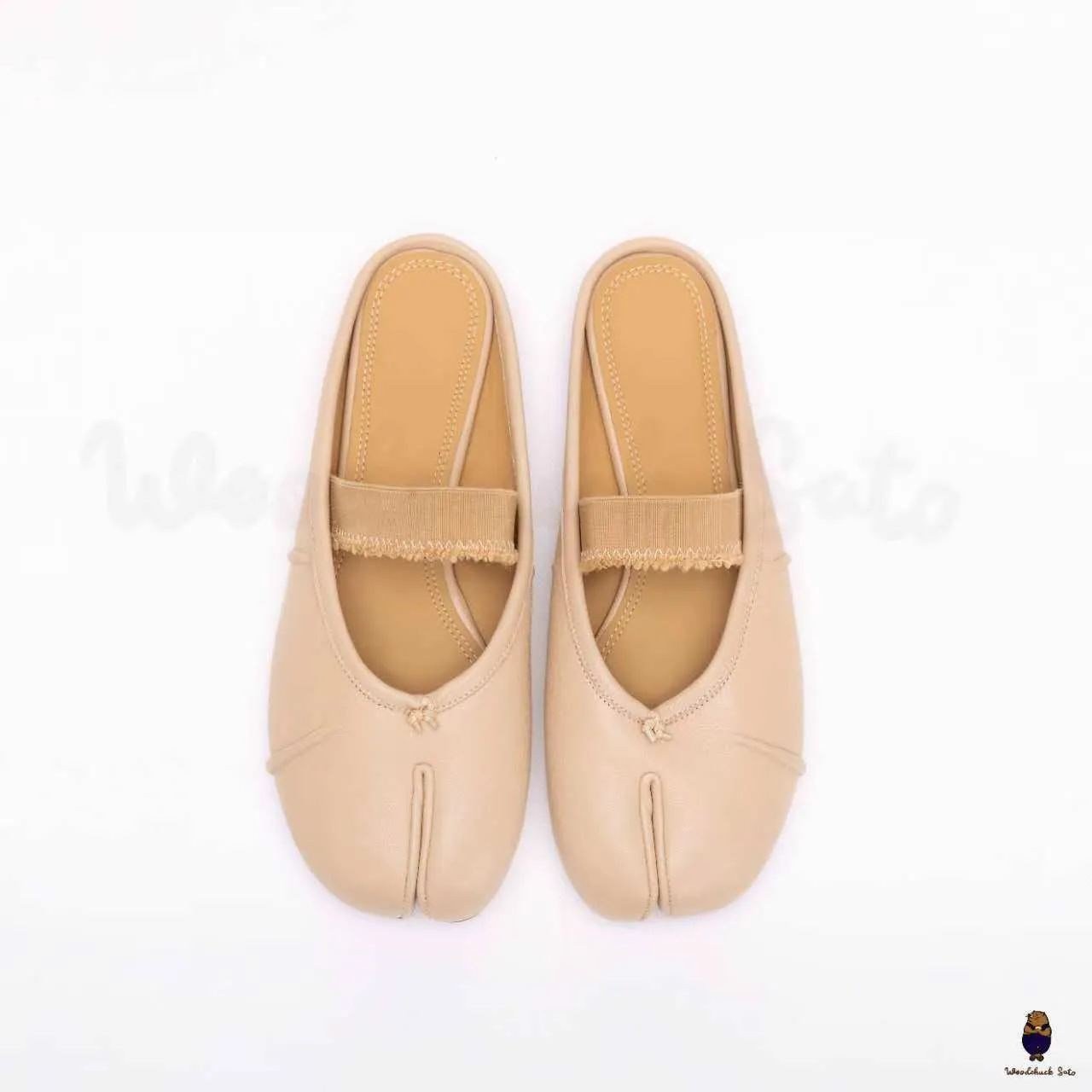 WoodchuckSato Nude Fold Leather Tabi Slip-On Flats with Beige Elastic Strap sold by WoodChuckSato product image thumbnail 5