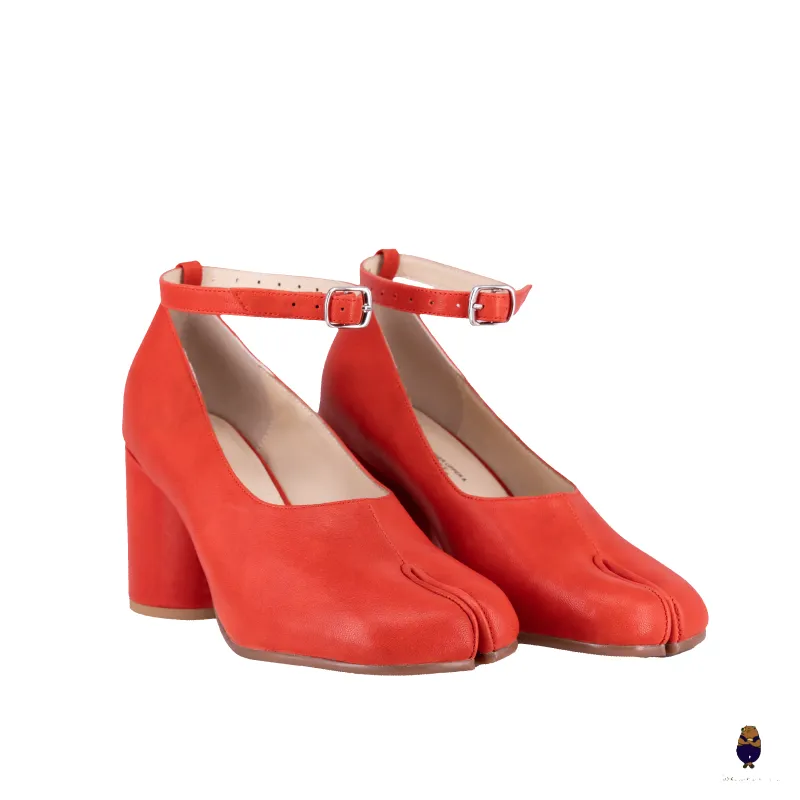WoodchuckSato Red Sheep Leather Tabi 8 cm Heels with Ankle Strap sold by WoodChuckSato