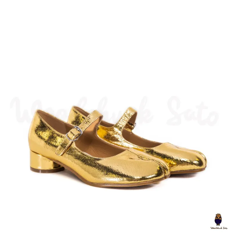 WoodchuckSato Gold Cow Leather Tabi Mary Jane Heels with Strap sold by WoodChuckSato