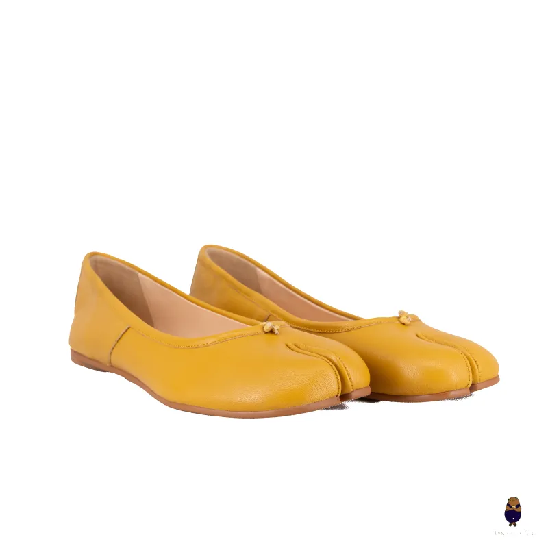 WoodChuckSato Mustard Yellow Tabi Split-Toe Leather Ballet Flats sold by WoodChuckSato