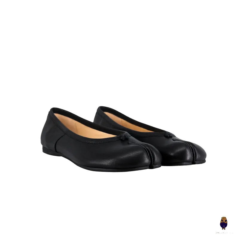 WoodchuckSato Black Leather Split-Toe Tabi Ballerina Flats sold by WoodChuckSato