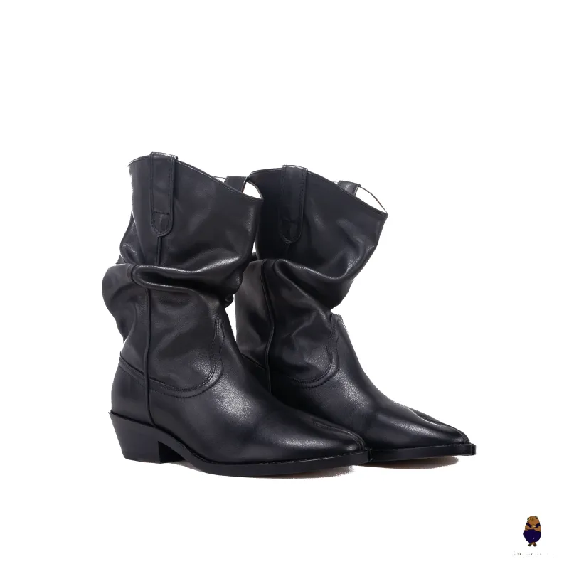 WoodchuckSato Black Cow Leather Slouchy Western Boots with Low Heel sold by WoodChuckSato