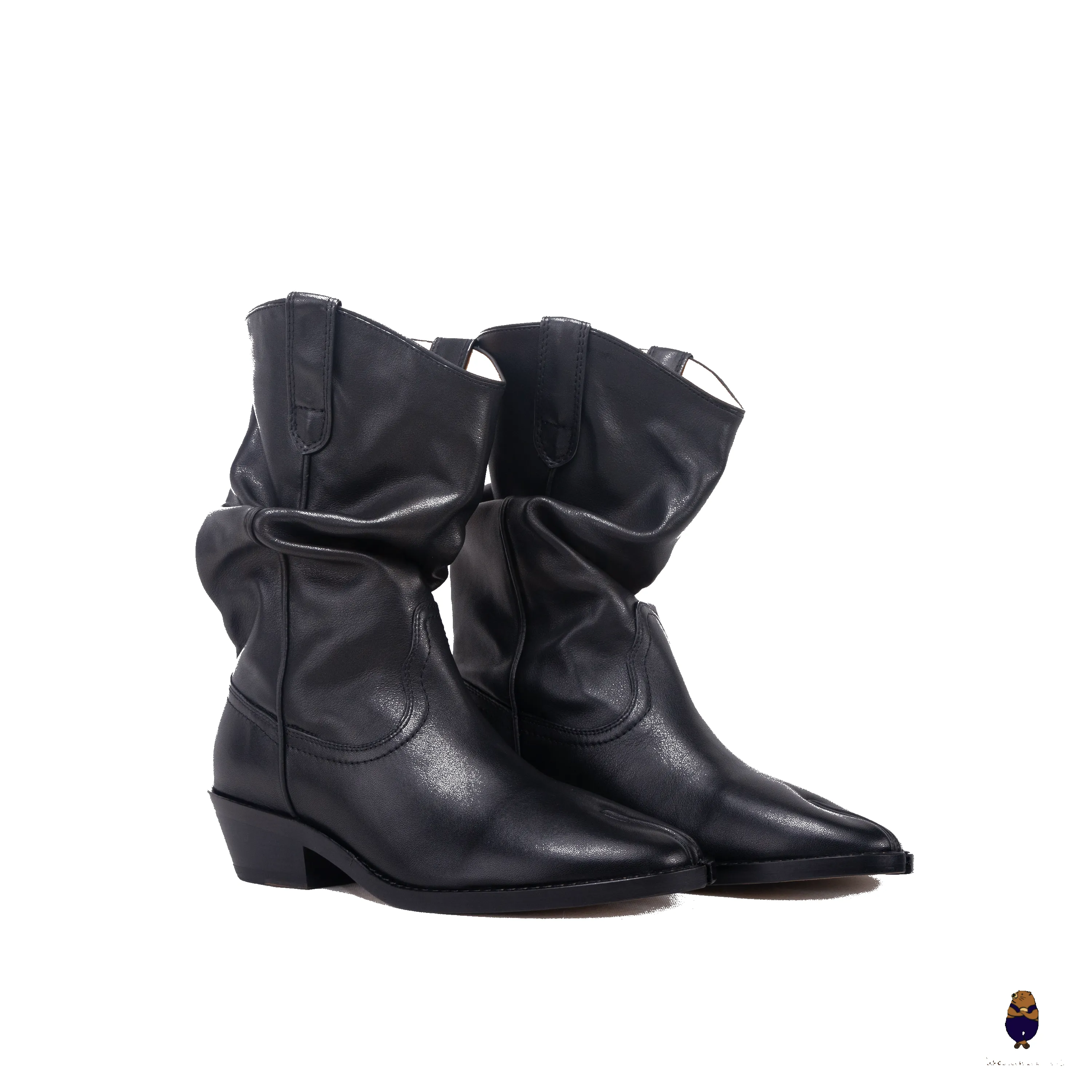 WoodchuckSato Black Cow Leather Slouchy Western Boots with Low Heel sold by WoodChuckSato
