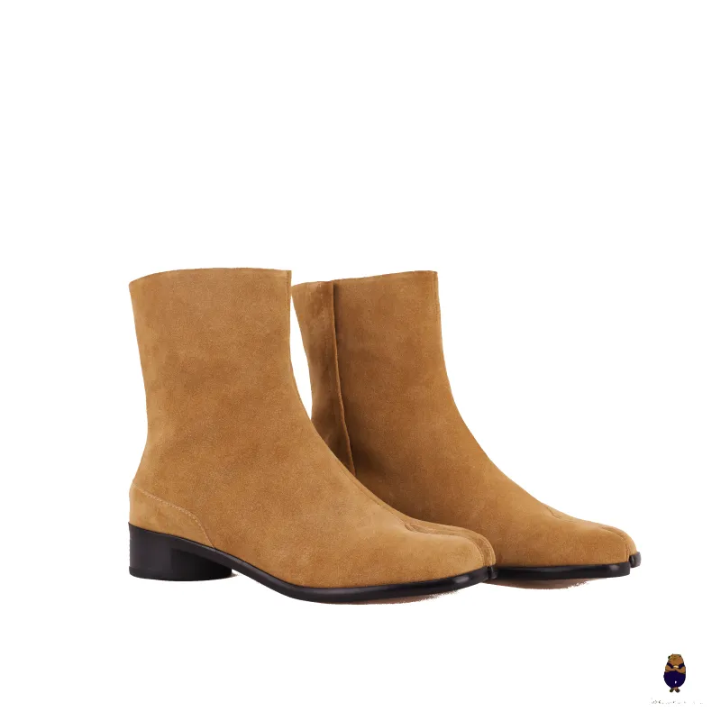 WoodchuckSato Tan Cow Suede Leather Tabi Ankle Boots with 3 cm Heel sold by WoodChuckSato