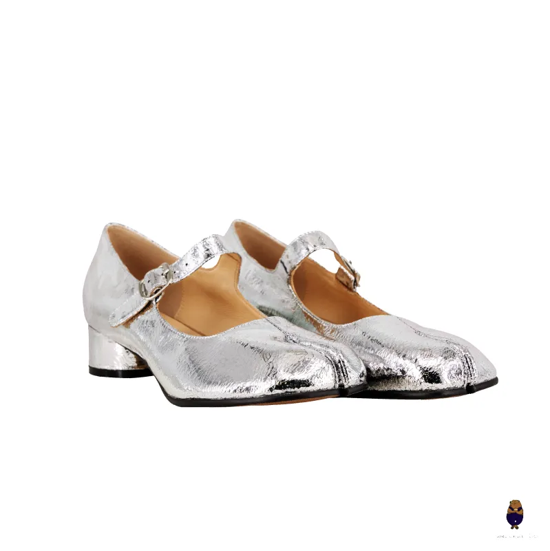 WoodchuckSato Cracked Silver Cow Leather Tabi Mary Jane Heels with Strap sold by WoodChuckSato