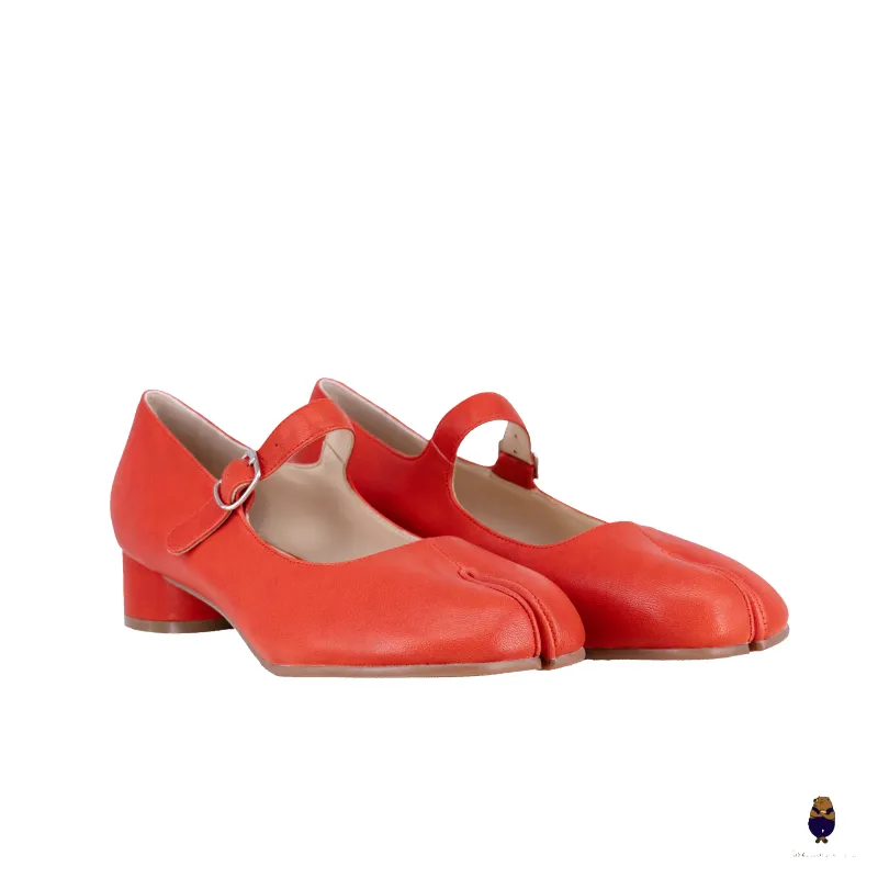 WoodchuckSato Red Sheep Leather Tabi Mary Jane Heels with Strap sold by WoodChuckSato