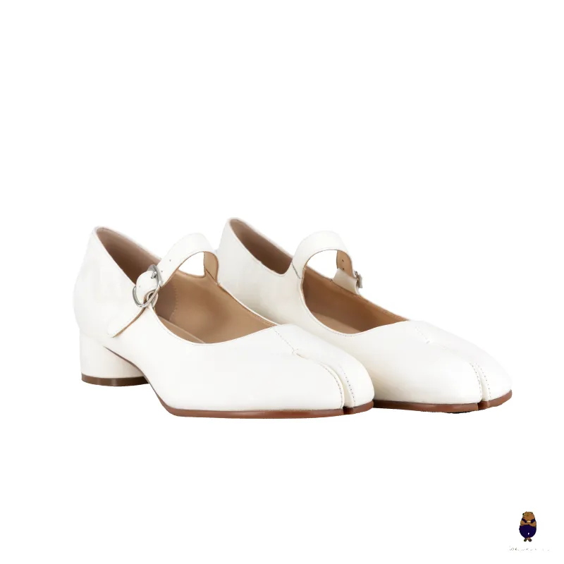 WoodchuckSato White Sheep Leather Tabi Mary Jane Heels with Strap sold by WoodChuckSato
