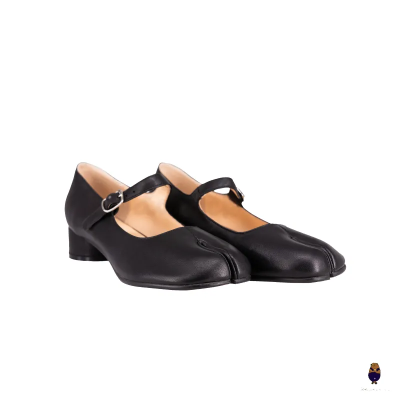 WoodchuckSato Black Cow Leather Tabi Mary Jane Heels with Strap sold by WoodChuckSato