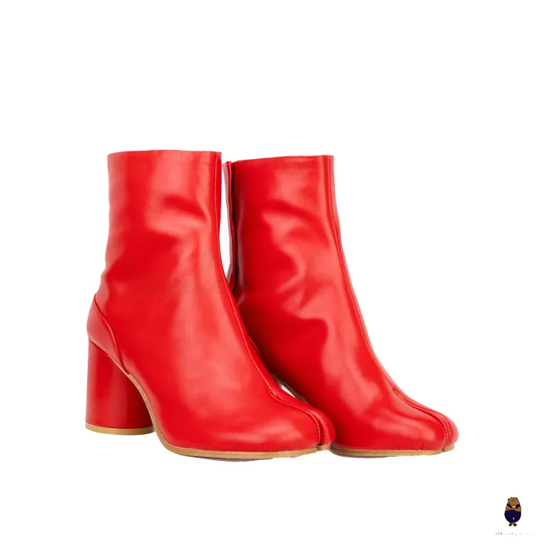 WoodchuckSato Red Cow Leather Tabi Ankle Boots with 8 cm Heel sold by WoodChuckSato