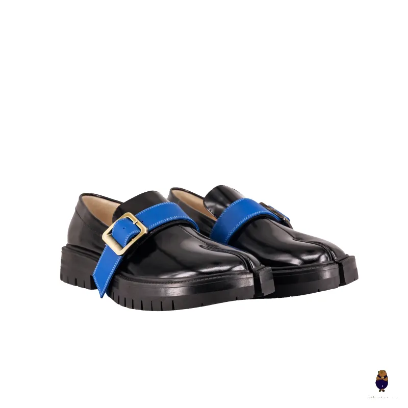 WoodchuckSato Black Edge-Beaded Cowhide Leather Tabi Loafers with Removable Blue Strap & Chunky Sole sold by WoodChuckSato